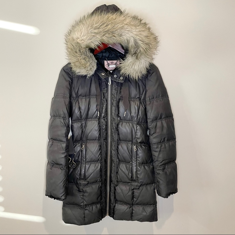 JUICY COUTURE Faux Fur Hood Puffy Ruffle Long Coat